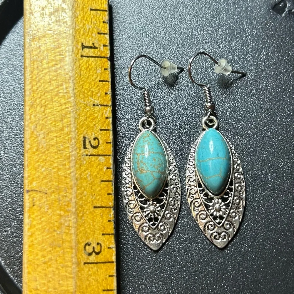 Silver-tone and Faux Turquoise Earrings - Picture 2 of 4